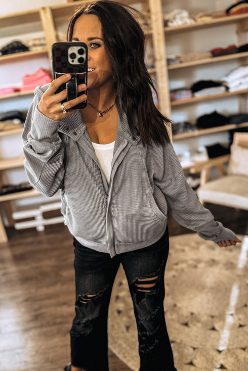 Waffle Knit Zip Front Snap Placket Hooded Patchwork Drop Shoulder Jacket